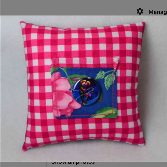Wendy & Peter Pan character Tooth Fairy pillow, pin button gingham - Picture 4 of 6